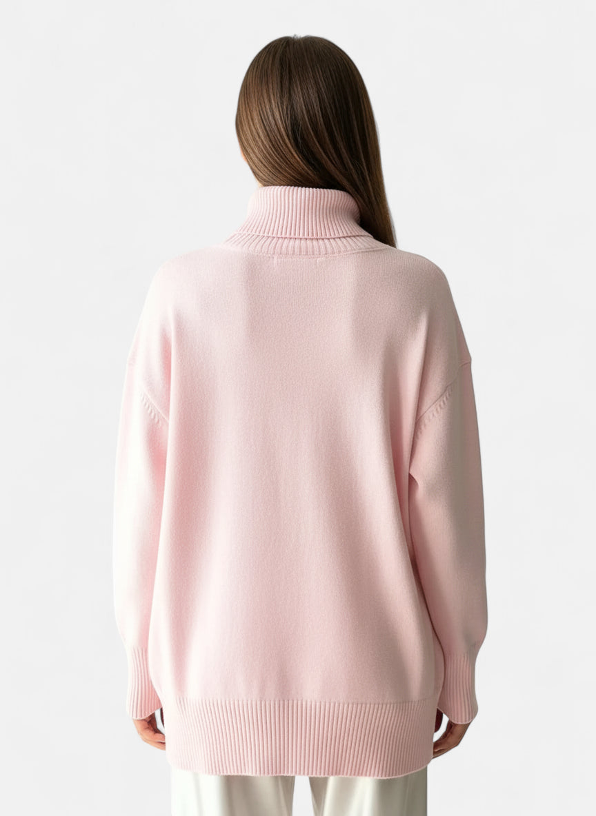 Pull col roulé femme rose pâle