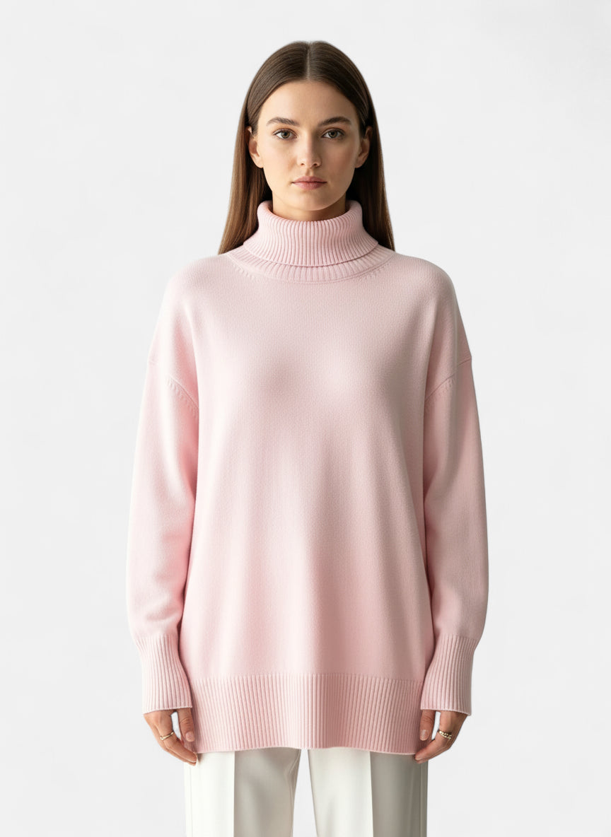 Pull col roulé femme rose pâle