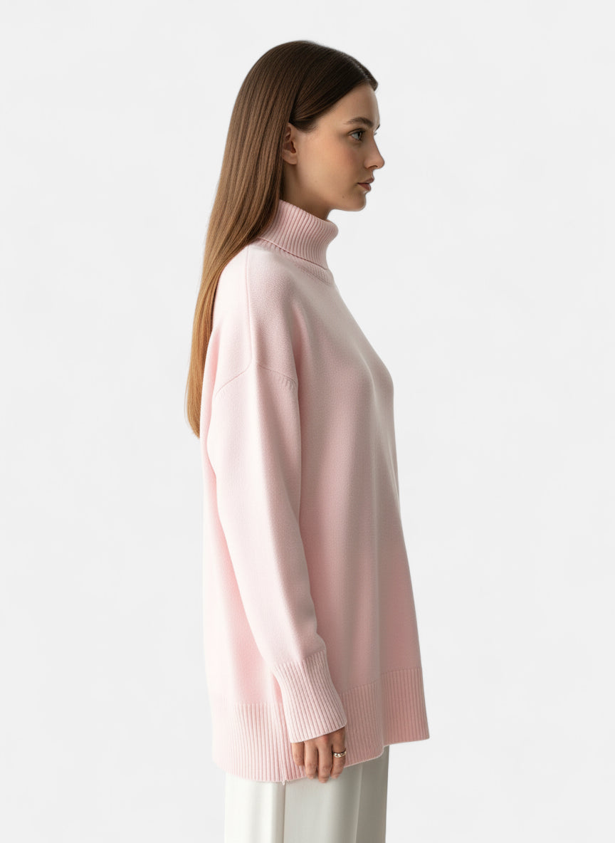 Pull col roulé femme rose pâle