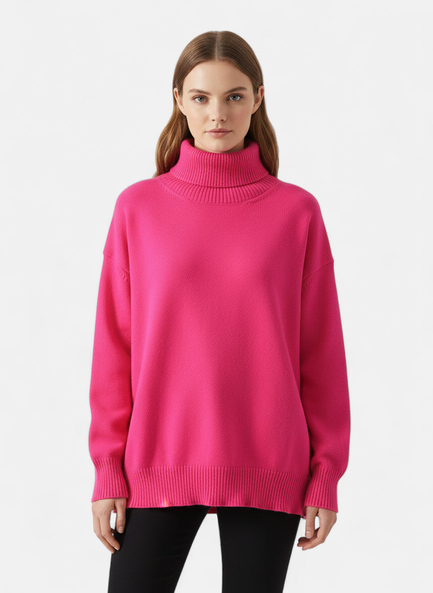 Pull col roulé rose fuchsia