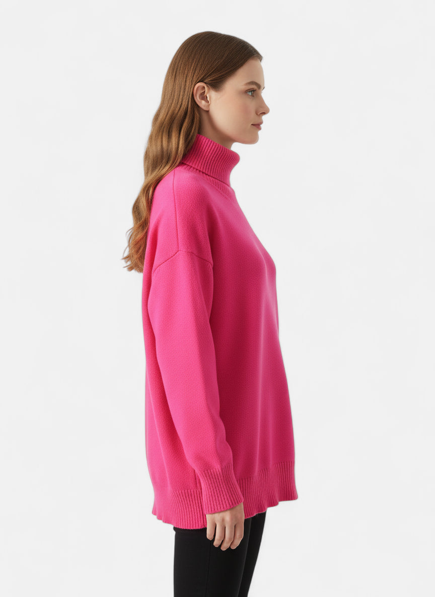 Pull col roulé rose fuchsia