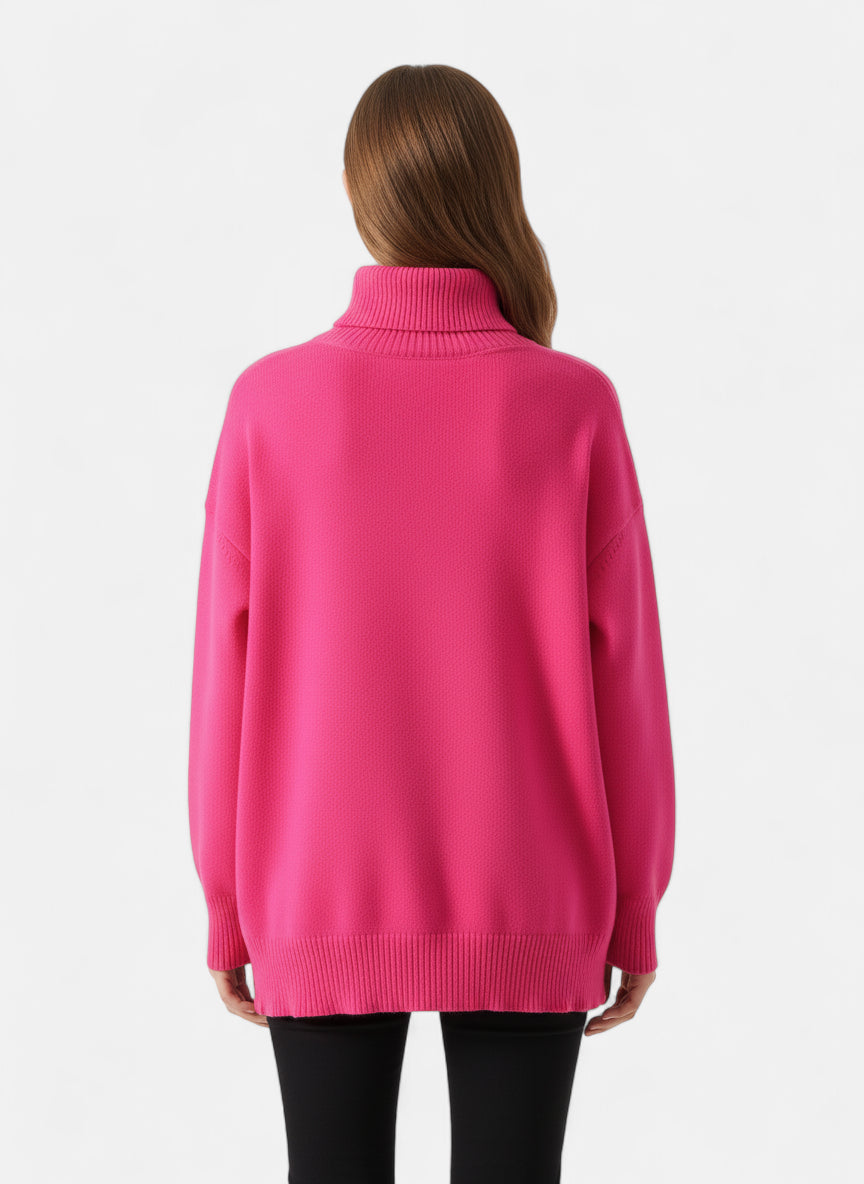 Pull col roulé rose fuchsia