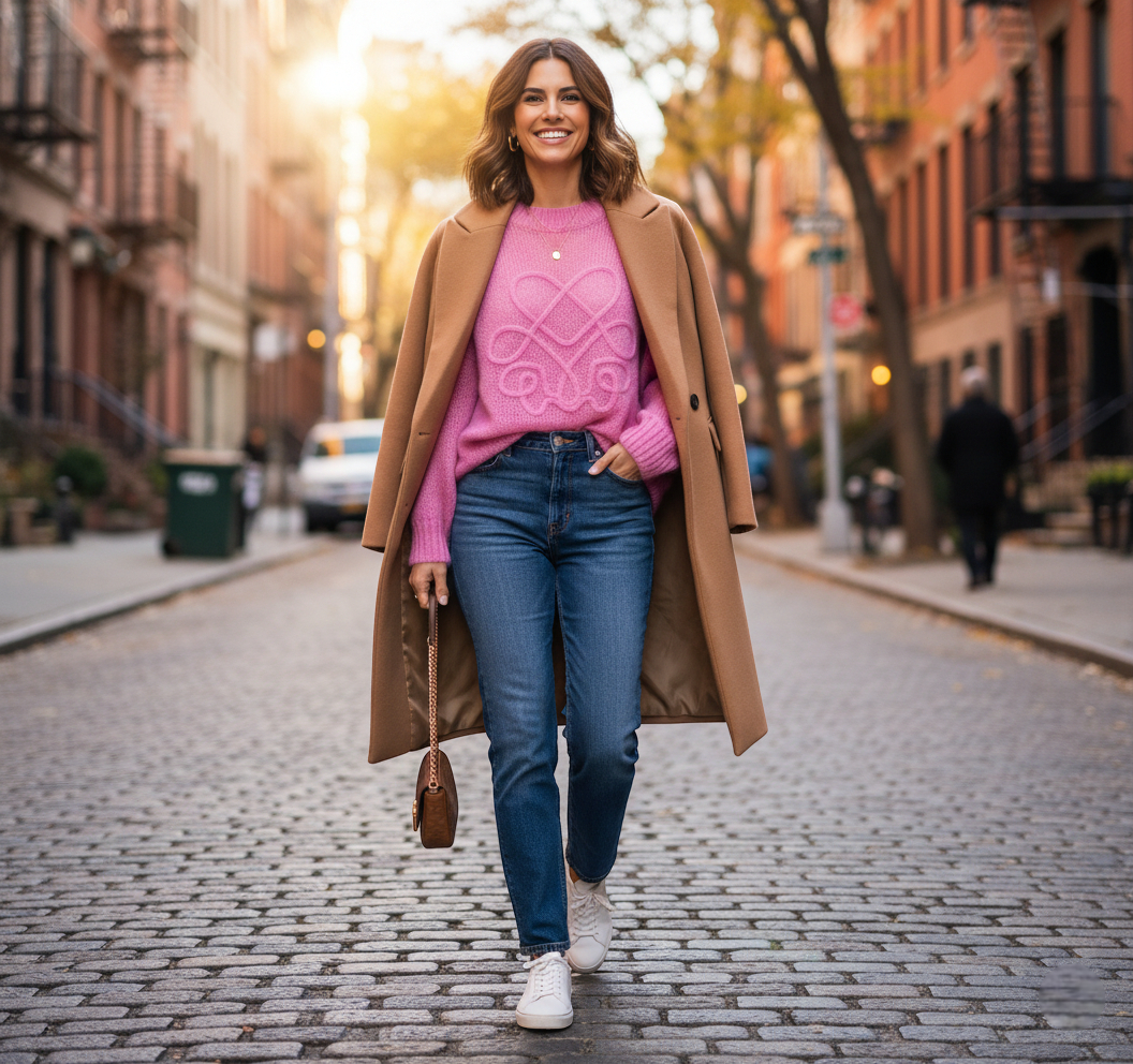 Pull fin rose femme en maille douce, manches longues, porté avec un jean et un manteau camel. Image