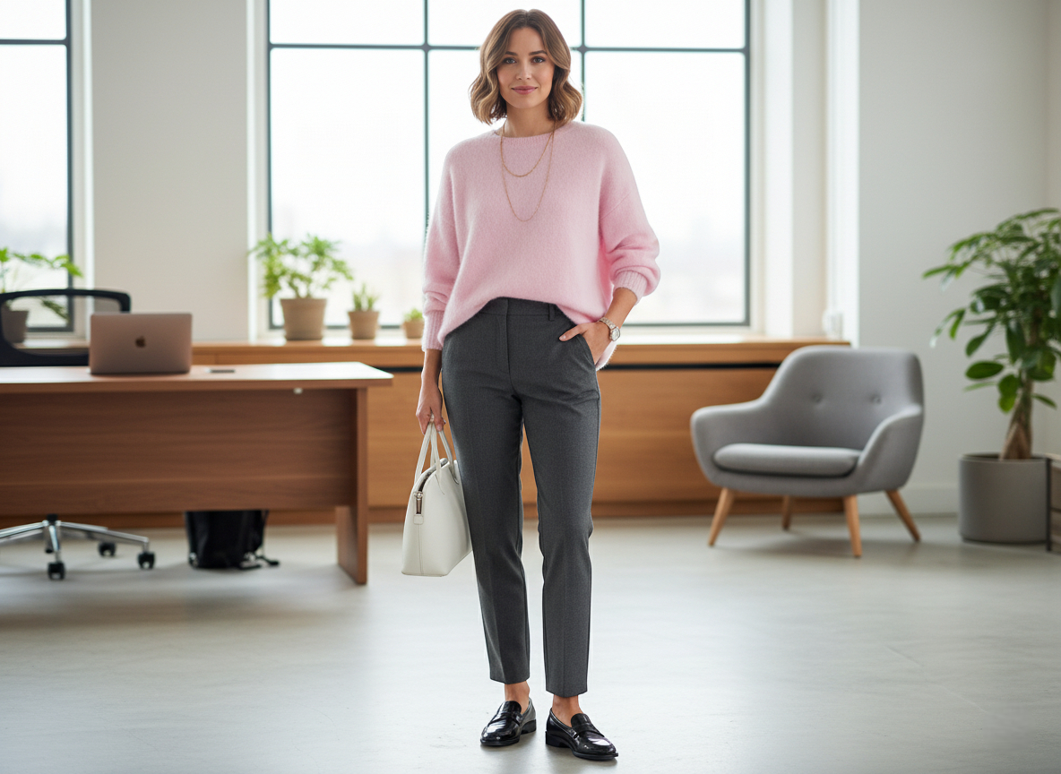 Pull poil rose en maille douce, coupe droite, couleur pastel, porté avec un pantalon gris. Image