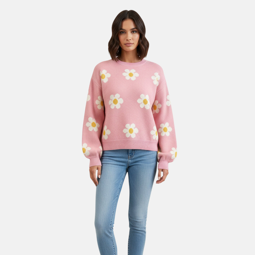 Pull rose avec fleurs