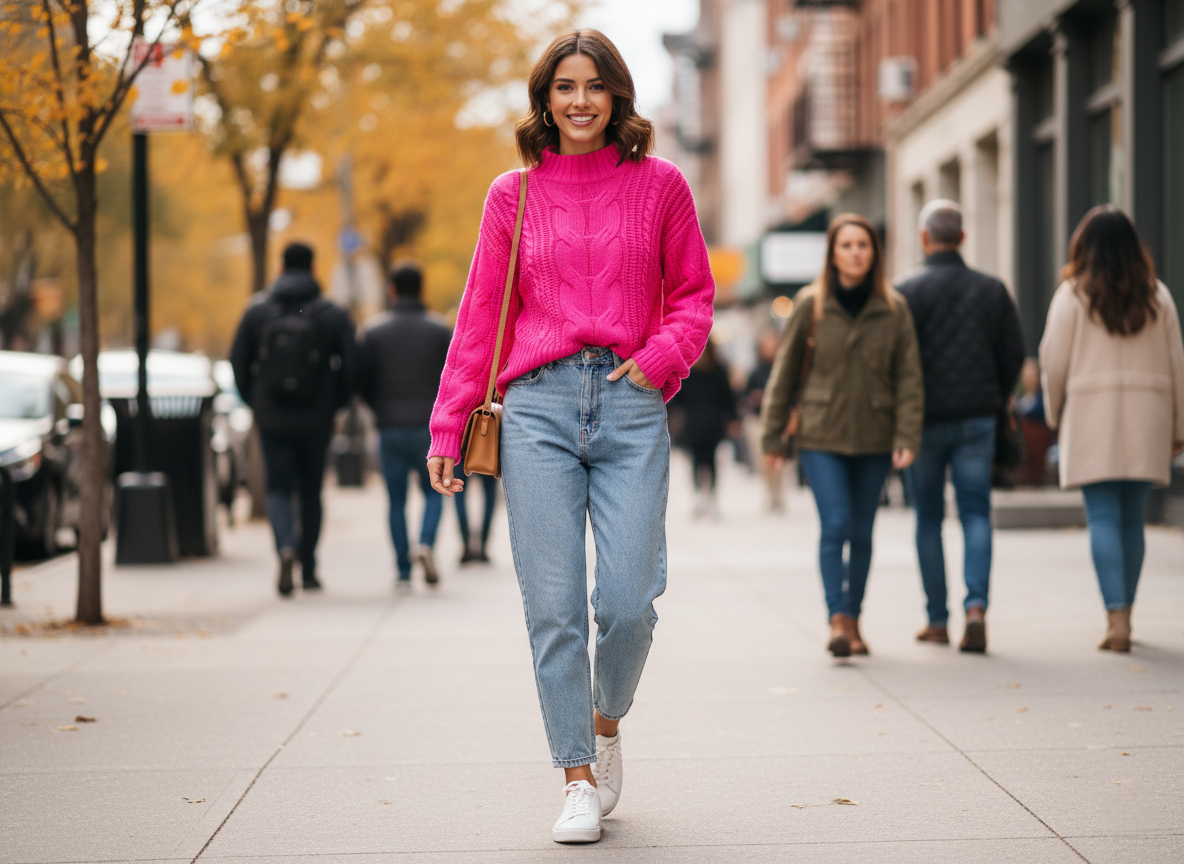Pull rose flashy en maille épaisse, col montant, porté avec un jean taille haute décontracté. Image