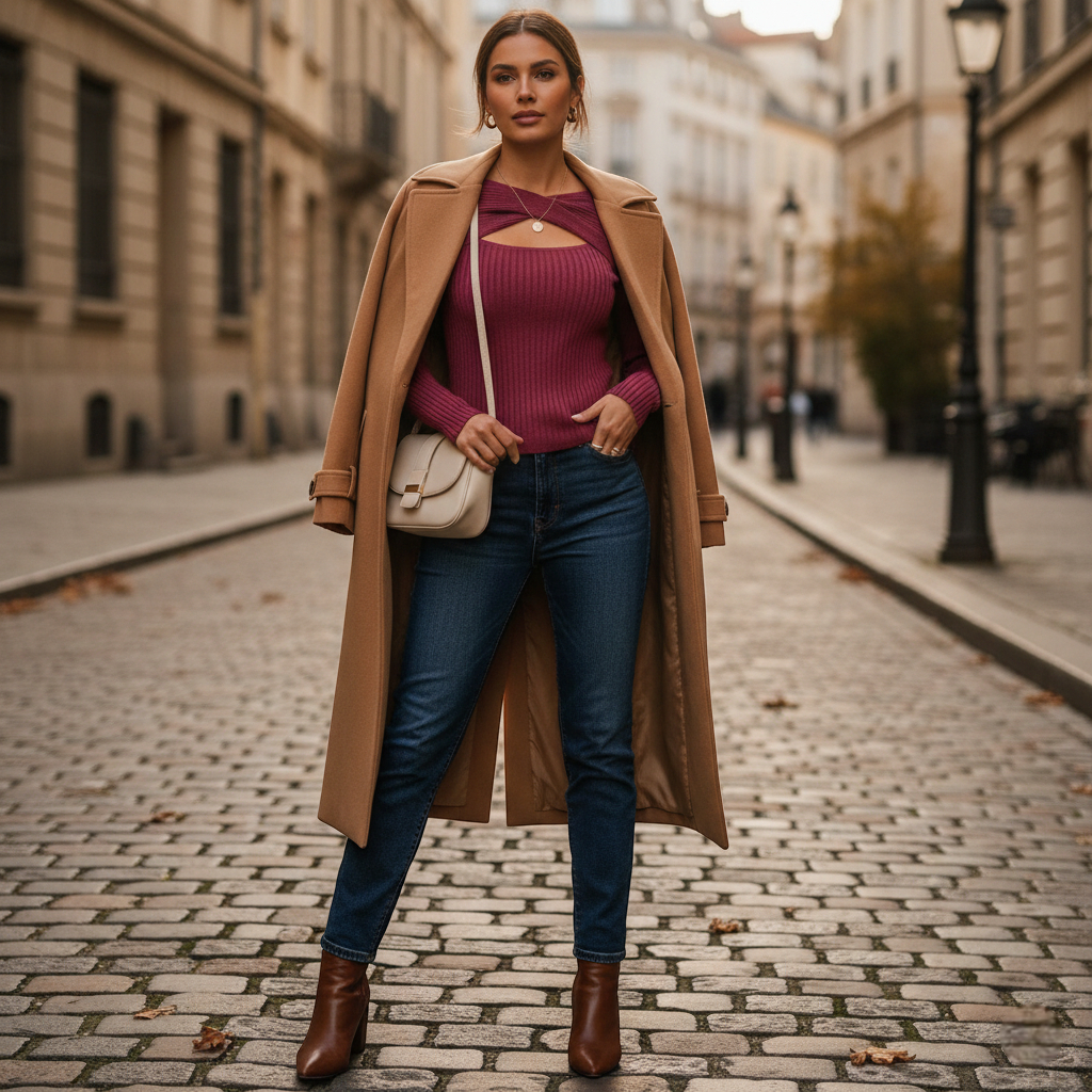 Pull rose framboise en maille côtelée, manches longues, porté sous un manteau camel en laine. Image