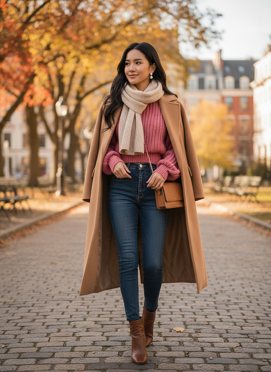 Pull vieux rose femme en maille épaisse, coupe droite, porté avec un jean bleu et un manteau beige. Image