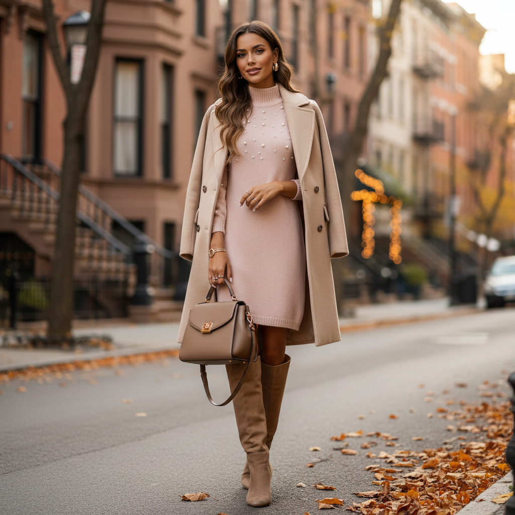 Robe pull rose avec perles en maille douce, manches longues et col montant pour l’hiver. Image