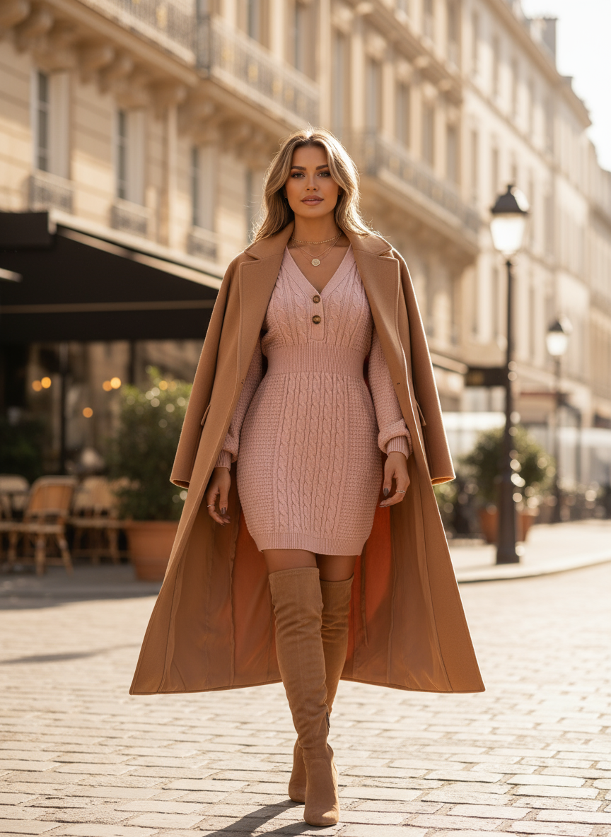 Robe pull rose col V en maille torsadée, manches longues, portée avec un manteau camel. Image