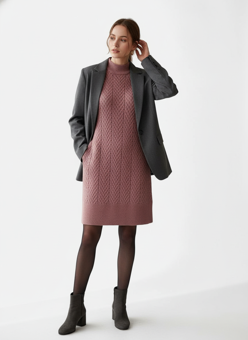 Robe pull vieux rose en maille épaisse avec motif chevron, à col montant et coupe droite. Image