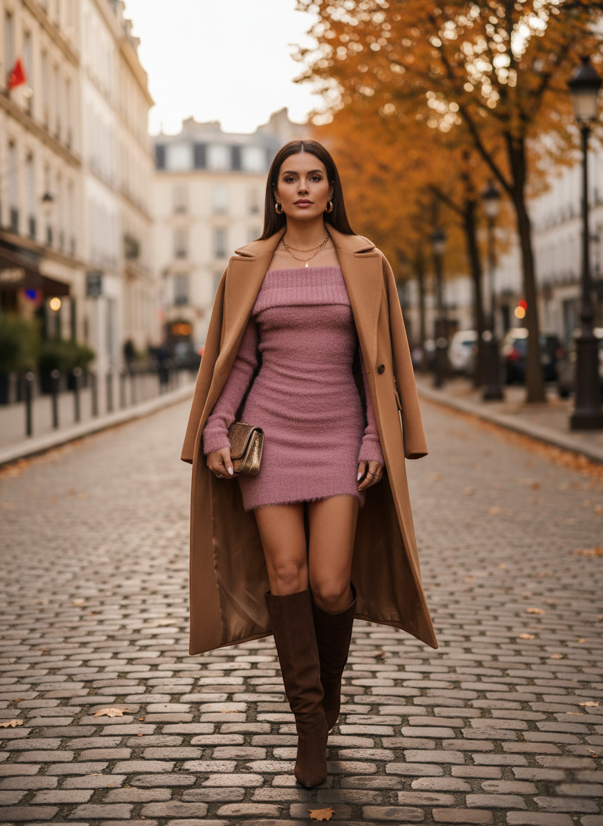 Robe pull rose poudre en maille duveteuse, manches longues, portée avec un manteau camel en laine. Image